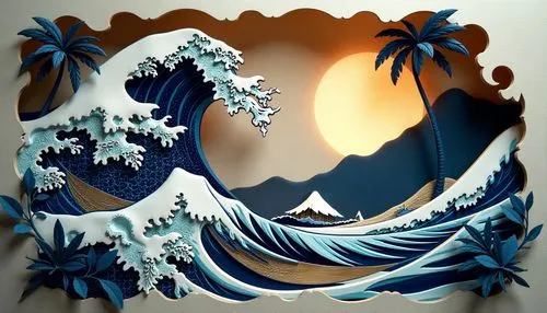 the great wave off kanagawa,japanese wave paper,japanese waves,hokusai,south seas,blue sea shell pattern,Unique,Paper Cuts,Paper Cuts 06