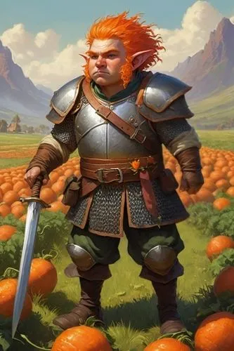 shield with emblazoned carrot,a man with red hair wearing armor standing in a field of pumpkins,dwarf sundheim,garrison,zigmund,gotrek,orangun,kirdyapkin