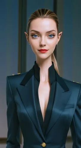 elf woman face model, suit,, angular cheekbones,  Strong and angular mandibule, smile, tall blonde elf  female, long neck  , suit, pointy ears, 3 meters tall, very tall,concept of blonde elf woman in 