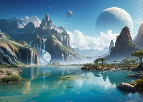 fantasy landscape,futuristic landscape,fantasy picture,alien planet,alien world,terraformed,3d fantasy,lunar landscape,homeworlds,landscape background,fantasy art,homeworld,terraforming,cartoon video game background,fantasy world,fractal environment,virtual landscape,an island far away landscape,dreamscape,gliese