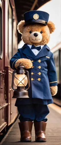 Train conductor, teddy bear, standing, vintage style hat, blue uniform, golden buttons, white gloves, holding lantern, friendly smile, cute nose, shiny eyes, fluffy fur, brown boots, old train, steam 