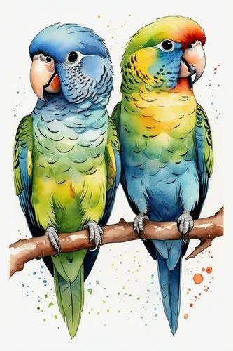 
vintage watercolor drawing poster of two little and very cute parakeets of different colors, very simplified style, no details, White background,parrot couple,couple macaw,golden parakeets,parakeets,