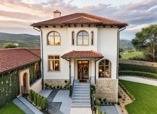 Modern Italian villa. Flat terrain. All around there are gardens in Italian minimalism.,a large home with red tile roof and white walls,luxury home,luxury property,napa valley,beautiful home,luxury re