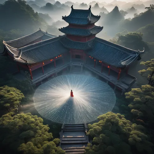 The ancient Chinese fairy, whose figure transformed into dots of light, dissipated in the palace, in the morning mist, creating a magical scene.,chinese architecture,chinese temple,asian architecture,