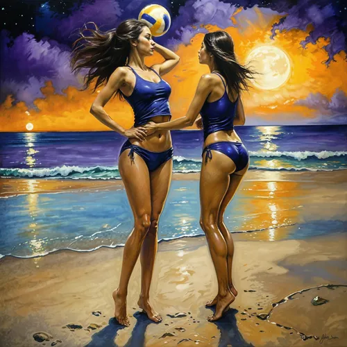 fantasy picture,volleyballers,beach background,world digital painting,reinas,two girls