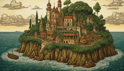 house of the sea,fairy tale castle,water castle,sea fantasy,fairytale castle,studio ghibli,flying island,mushroom island,floating island,gold castle,an island far away landscape,castle of the corvin,fantasy city,3d fantasy,knight's castle,fantasy world,monkey island,islet,fantasy art,peninsula,Art,Classical Oil Painting,Classical Oil Painting 28