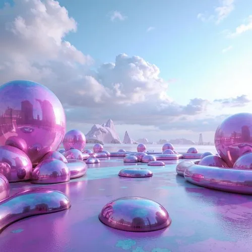 futuristic landscape,spheres,3d render,alien world,shaders,3d fantasy,alien planet,virtual landscape,shader,slimes,acid lake,3d rendered,extrasolar,ice planet,kaleidoscape,sky space concept,cinema 4d,igloos,fantasy world,candyland