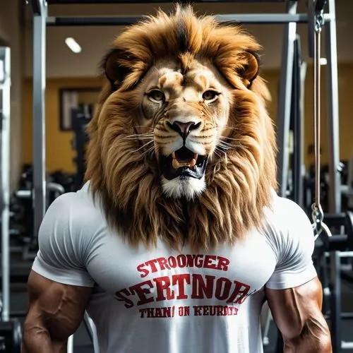 make that lion in a gym, real lion posture on gym instead making a biceps curls, attach on him a white t shirt witn slogan "Stronger than yesterday",lion,skeezy lion,lion - feline,lion father,lion num