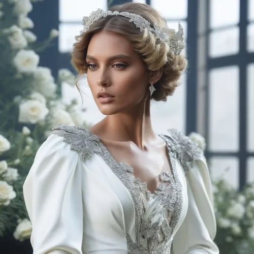 a woman in a white gown with a long sleeves,knightley,white rose snow queen,victorian lady,noblewoman,quirine,maxon,Photography,Fashion Photography,Fashion Photography 09