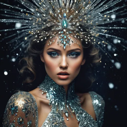 Amazed expression captured in the downpour of glitter in a fashion photoshoot.,the snow queen,ice queen,headdress,ice princess,headpiece,queen of the night,fairy queen,feather headdress,miss circassia