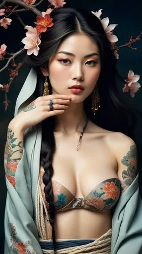 for image generation: "Create an illustration in the traditional Japanese art style of a woman with long, dark hair. Her body should be partially covered in colorful, intricate tattoos featuring flora