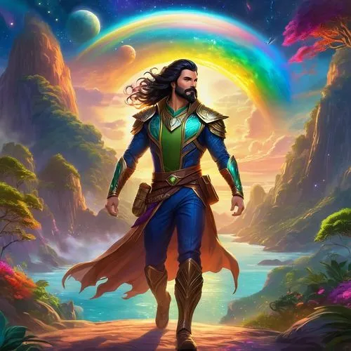 atlantean,rainbow background,parashuram,tharakan,zoroaster,aquaman,Illustration,Realistic Fantasy,Realistic Fantasy 01