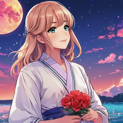 Create a heartwarming anime filter for a romantic setting,dusk background,beach moonflower,jessamine,oleander,holding flowers,romantic rose,hydrangea background,moon and star background,moonflower,cam