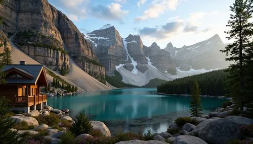 lake moraine,moraine lake,fantasy landscape,the cabin in the mountains,emerald lake,alpine village,alpine lake,mountain settlement,landscape background,house in mountains,house in the mountains,mountain huts,world digital painting,cartoon video game background,alpine landscape,mountain landscape,mountain lake,seclude,mountain scene,mountainlake