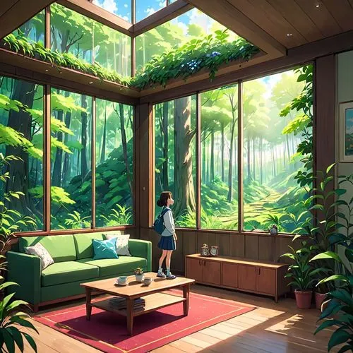 studio ghibli,dandelion hall,japanese-style room,house in the forest,green living,violet evergarden,conservatory,study room,livingroom,beautiful home,home landscape,tropical house,modern room,living room,indoors,indoor,summer cottage,ryokan,idyllic,sky apartment,Anime,Anime,Traditional