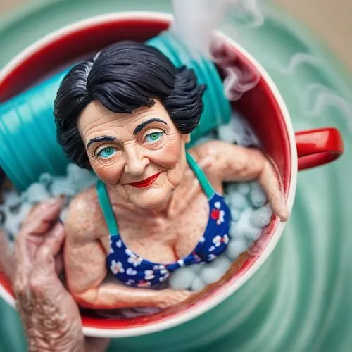 create a whimsical image of an older woman, short black hair with grey streaks, big green eyes, blue detailed bathing suit, laying in a huge red coffee cup full of coffee with steam,,woman drinking co