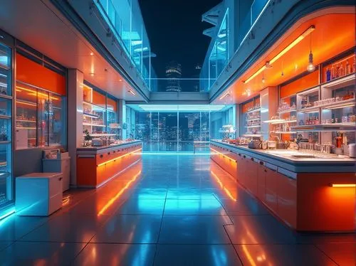 Vibrant metabolism lab, neon-lit corridors, bold color blocking, energetic orange accents, deep blues, bright whites, metallic silver surfaces, sleek glass partitions, futuristic architecture, high-te