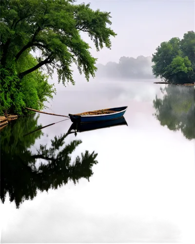 Riverbank, serene atmosphere, calm water, gentle ripples, lush greenery, overhanging trees, wooden dock, fishing boat, misty morning, soft warm lighting, shallow depth of field, natural color tone, pa