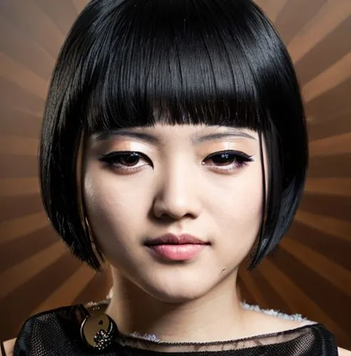 oriental young woman, serious looking 24 year old,  flapper style hair cut with bans , always wears black clothing, always shows her hair,doll's facial features,asian woman,bowl cut,japanese idol,miso