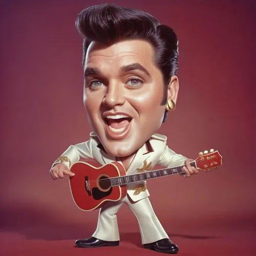 Caricature style drawing of a celebrity, big head, small body, exaggerated facial expressions. A 3D animated character resembling Elvis Presley, wearing a whiteA jumpsuit with red and gold accents, bl