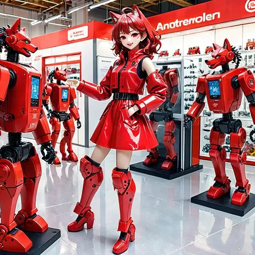 female anthropomorphic werewolf red mannequin, robot made of red plastic, plastic exterior, plastic head, plastic face, plastic body, plastic mechanisms, plastic gears, friendly, smiling happily, appr