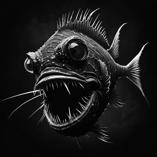 anglerfish,hatchetfish,lanternfish,frankenfish,ulua,cardinalfish,piranha,dragonfish,rockfish,devilfish,queenfish,rhino fish,sheepshead,ikan,deep sea,nekton,tsathoggua,finfish,wolfish,wolffish,Conceptual Art,Oil color,Oil Color 11