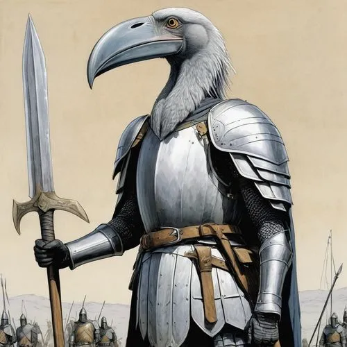 Shoebill stork in a knight Costume, in the crusades, 1099,  Alan lee style, Lord of the Rings, Axe,eagleman,imperial eagle,white eagle,eagle illustration,falconar,russian imperial eagle,gray eagle,sch