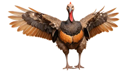 Cute turkey, realistic, brown feathers, orange beak, small legs, wings spread wide, standing, soft focus, warm lighting, shallow depth of field, 3/4 composition, rustic texture, natural pose.,a turkey