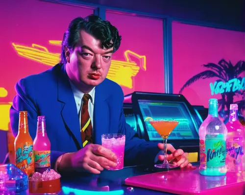 Image may contain Human Person Kingsley Amis Drink Beverage Alcohol and Bottle,neon cocktails,neon drinks,neon light drinks,80s,fruitcocktail,cocktail,cocktails,neon tea,pink gin,neon human resources,