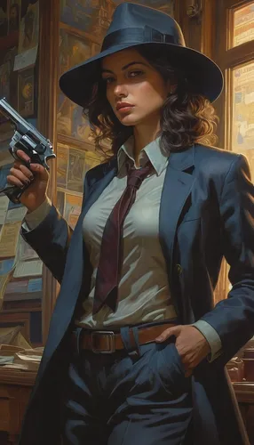 Incorporate Natalia Alcocer as a detective solving a mysterious crime in a small town.,girl with a gun,girl with gun,woman holding gun,detective,holding a gun,spy,spy visual,investigator,gunfighter,cl