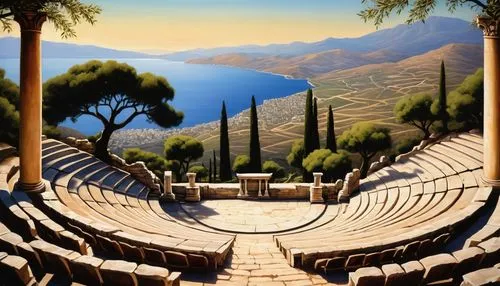 amphitheater,epidaurus,amphitheatre,ancient theatre,delphi,open air theatre,panathenaic,knossos,kotor,palace of knossos,mycenaean,roman theatre,ojai,mycenae,laodicea,cartoon video game background,lycian,church painting,theatricum,cypresses,Illustration,Realistic Fantasy,Realistic Fantasy 34