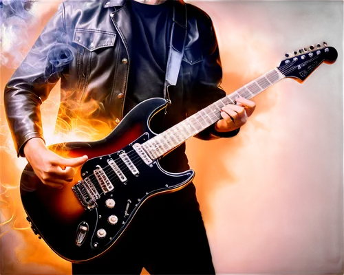 Electric guitar, sizzling sound effect, solo, close-up, shiny metal body, intricate details, knobs and strings, rockstar hand holding pick, spotlight shining down, smoke surrounding, dynamic compositi