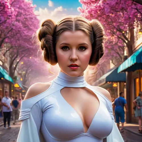 princess leia,bb8,bb-8,cg artwork,updo,cg,starwars,japanese sakura background,fantasy portrait,clone jesionolistny,star wars,photoshop manipulation,jedi,digital compositing,chewy,republic,cosplay image,fantasy picture,imperial,hollywood actress,Photography,General,Realistic