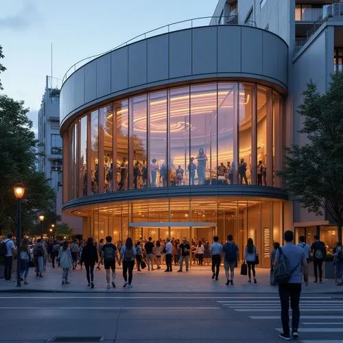 Modern performing arts center, integrated into residential area, sleek glass facade, curved lines, LED lights, evening scene, cityscape, urban planning, vibrant cultural hub, people walking towards en