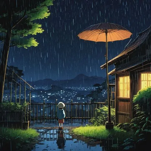 rainy,studio ghibli,rainy season,my neighbor totoro,blue rain,after rain,summer umbrella,in the rain,rainy day,rain,atmosphere,walking in the rain,light rain,after the rain,evening atmosphere,rains,golden rain,umbrellas,fireflies,night scene,Illustration,Japanese style,Japanese Style 14