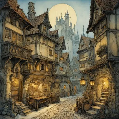 medieval street,medieval town,escher village,knight village,medieval architecture,aurora village,hamelin,the old town,old town,mountain settlement,medieval market,half-timbered houses,fantasy city,townscape,winter village,old city,medieval,muenster,jockgrim old town,the cobbled streets,Illustration,Paper based,Paper Based 29