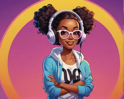 Cartoon-style avatar, creator platform, colorful background, diverse facial expressions, hairstyles (afro, ponytail, messy), glasses (thick-framed, round), clothing (t-shirts, hoodies, jeans), accesso