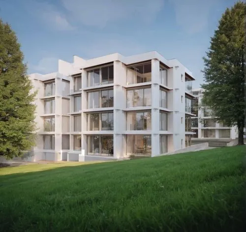 grass and trees
,a 3d image of a white building on grass,plattenbau,passivhaus,europan,maisonettes,appartment building,inmobiliaria