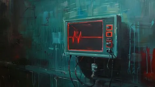 transistor,ekg,cyberpunk,analog television,television,sci fi surgery room,echo,heartbeat,voltage,virus,transistor checking,oil on canvas,heart monitor,heart traffic light,old elektrolok,doctor's room,oscilloscope,ventilator,oil painting on canvas,computer art