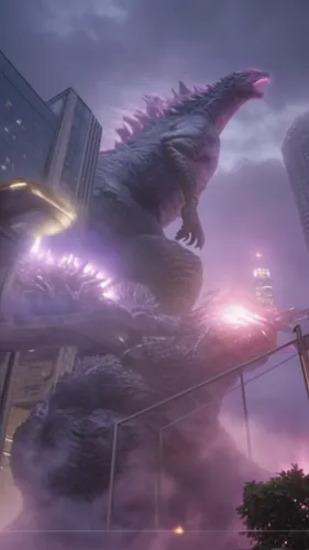 "At night, a massive Godzilla appears in the sky above the city, unleashing beams of light from its mouth to attack the city, causing fires and destroying buildings everywhere.",godzilla,giant lizard,