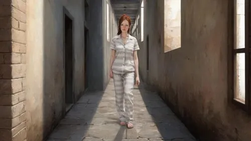 classicism painting: inside old prison corridor, standing on stone floor,narrow street,abnegation,argost,corridors,woman walking,girl walking away,girl in a long,alleyway,woman hanging clothes,girl in