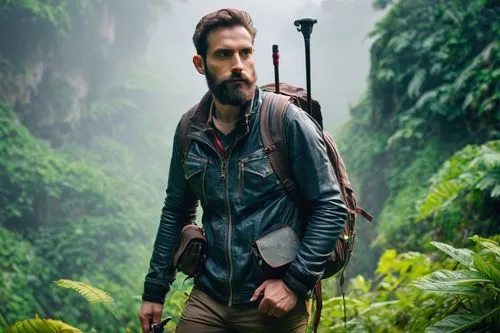 Male explorer, rugged beard, worn leather jacket, backpack with maps and compass, trekking poles, strong muscular legs, standing at the edge of a dense jungle, misty atmosphere, exotic plants with bri