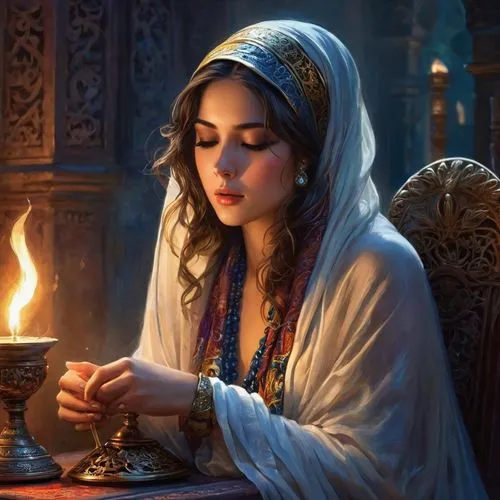 fortuneteller,mervat,perfumer,nihang,fortune telling,fortune teller,dossi,sheherazade,sephardic,estess,candlemaker,khayyam,priestess,persian poet,mastani,candlelit,fatemeh,asra,praying woman,persia,Conceptual Art,Oil color,Oil Color 10