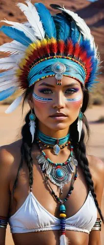 woman rainbow head walking  in a desert. Her eyes are filled with intense focus as she strolls with her loyal beauty of a white werewolf ,  capturing the world of reality and technology. This transfor