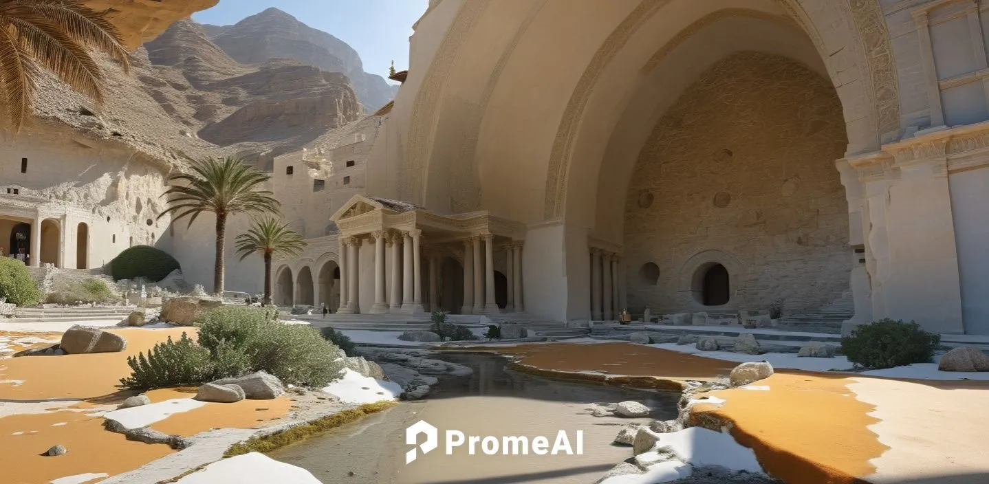 the courtyard of a palace with mountains in the background,hasinai,umayyad palace,qasr al kharrana,the monastery ad deir,qasr amra,qasr al watan,Photography,General,Realistic