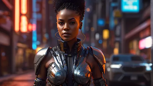 cyborg,shepard,cyberpunk,ebony,digital compositing,symetra,nova,scifi,visual effect lighting,futuristic,3d rendered,maria bayo,head woman,cinematic,graphics,background bokeh,african woman,game character,render,3d render,Photography,General,Sci-Fi