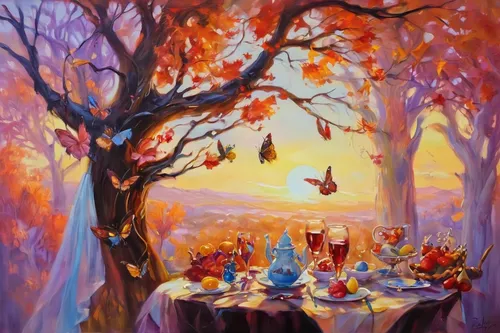 """Before Breakfast"" original fine art by Elena Katsyura",autumn background,autumn landscape,autumn idyll,autumn taste,autumn theme,autumn forest,the autumn,thanksgiving background,fantasy picture,fa