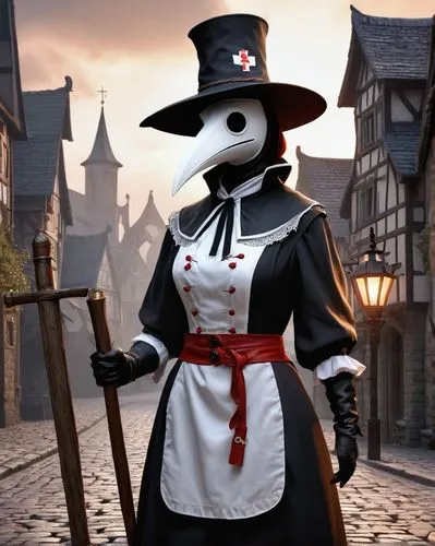 Dark Age plague doctor, female, 25yo, worn face, pale skin, dark circles under eyes, medieval hat, white apron, red cross emblem, leather gloves, holding wooden cane, standing, abandoned street, old E