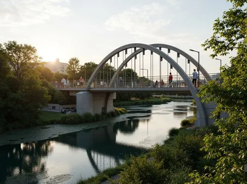 Curved bridge silhouette, verdant riverbanks, lush vegetation, water reflection, steel arches, suspension cables, pedestrian walkways, bike lanes, urban connectivity, eco-friendly materials, green roo