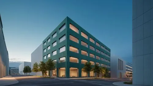 hyper realistic, office building, modern, grayish dark green stone cladding, street life, cars, people,glass facade,masdar,office building,difc,office buildings,phototherapeutics,biotechnology researc